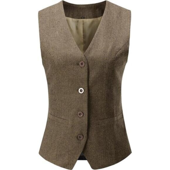 Women's V-Neck Suit Vest Waistcoat Brown - Picture 1 of 5
